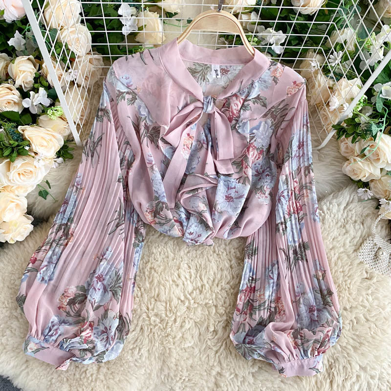 French Retro Girly Age-reducing Blouse Women V-neck Bow Tie Lantern Long-sleeved Pure Printed Western Style Shirt Women