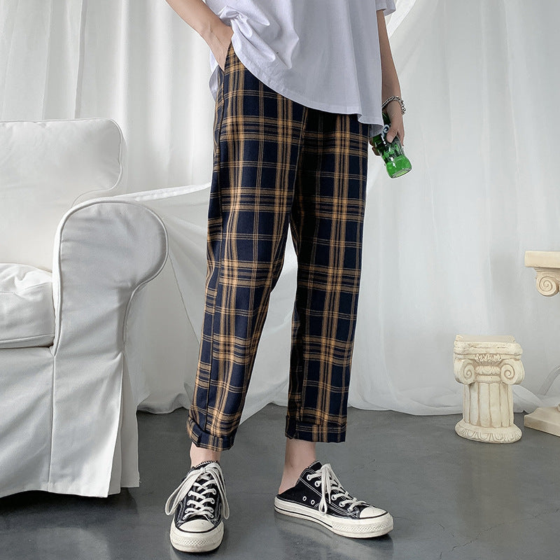 Men’s Loose Plaid Cargo Pants – Summer Straight Ankle-Length Leisure Trousers