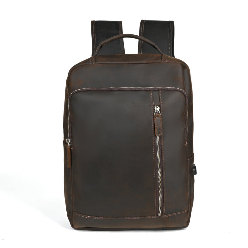 Men's European Genuine Leather Travel Backpack Solid Color