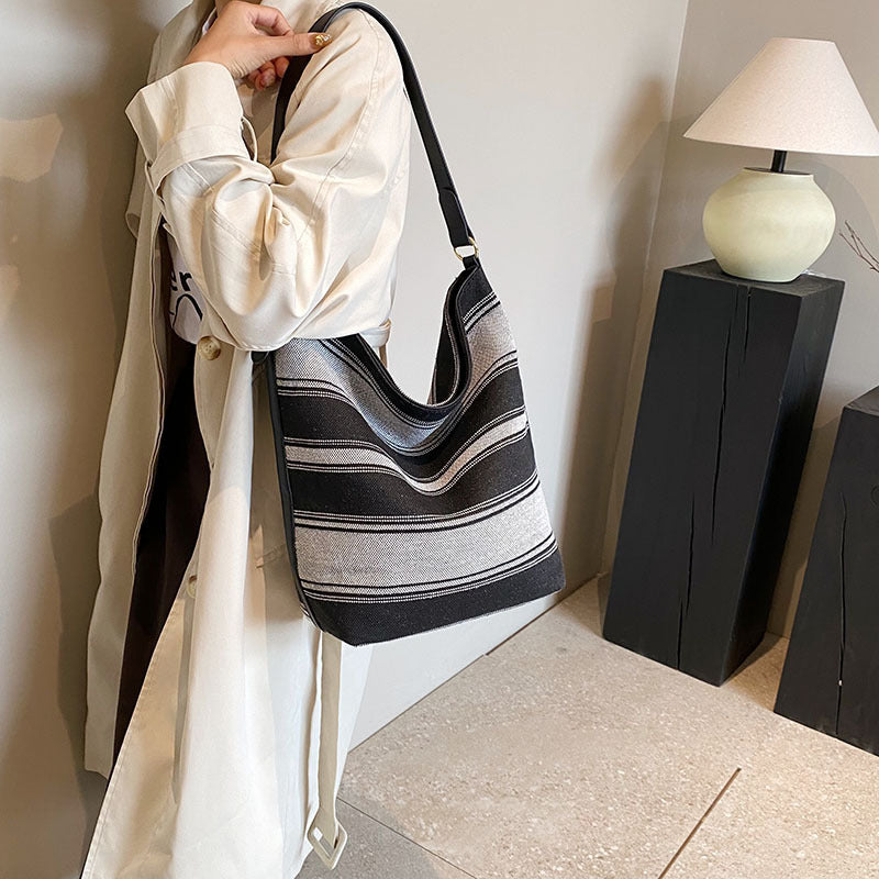Womens Canvas Striped Bucket Bag Crossbody Style Purse