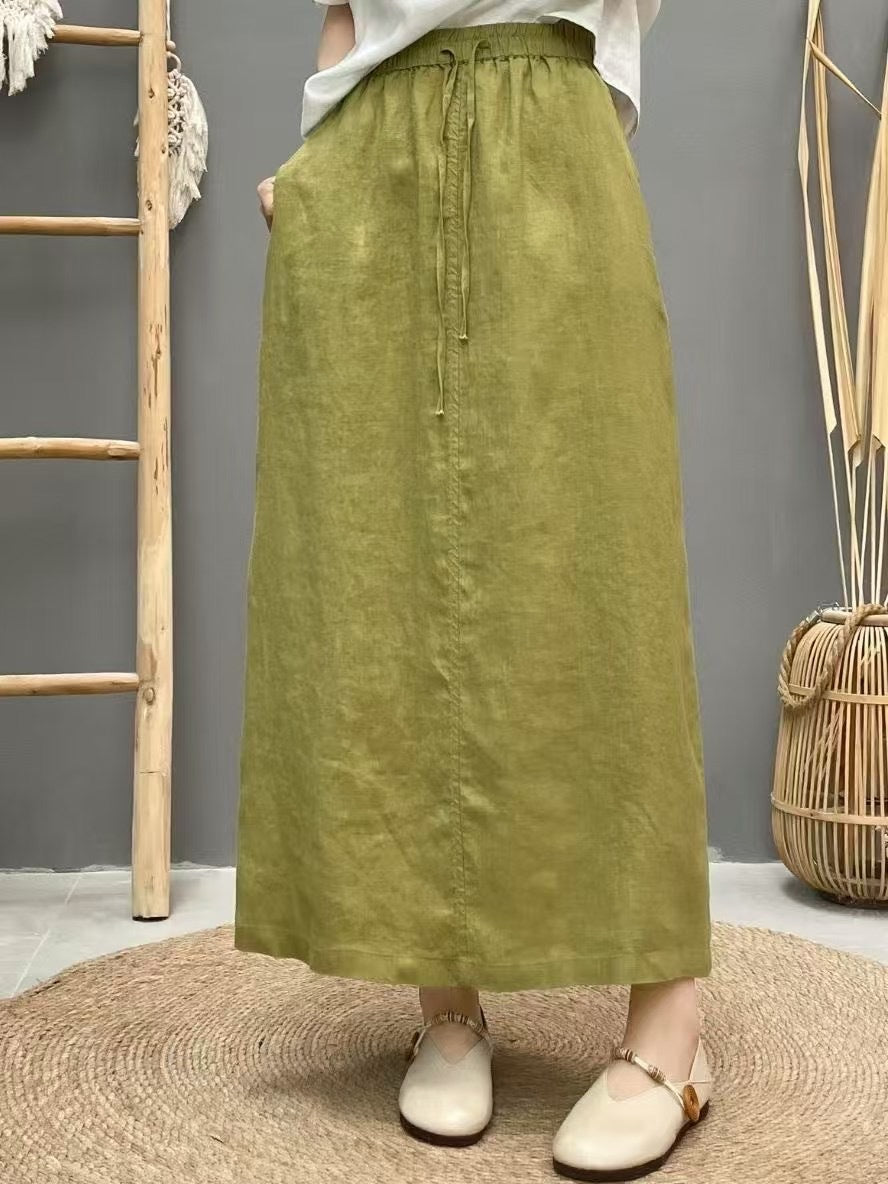 Women’s Linen Long Skirt – Solid Color Elastic Waist Maxi Skirt