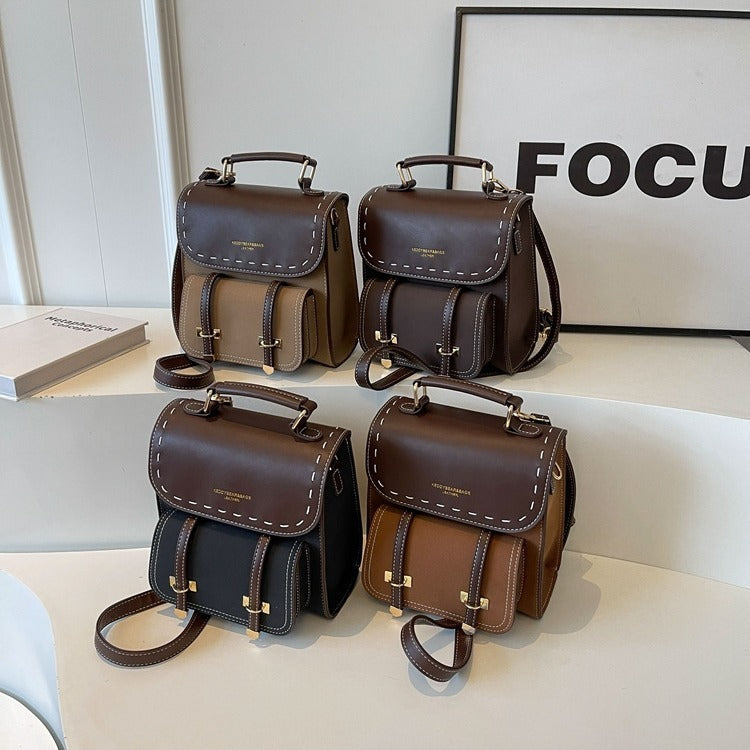 Womens Retro PU Backpack With Contrast Stitching Details