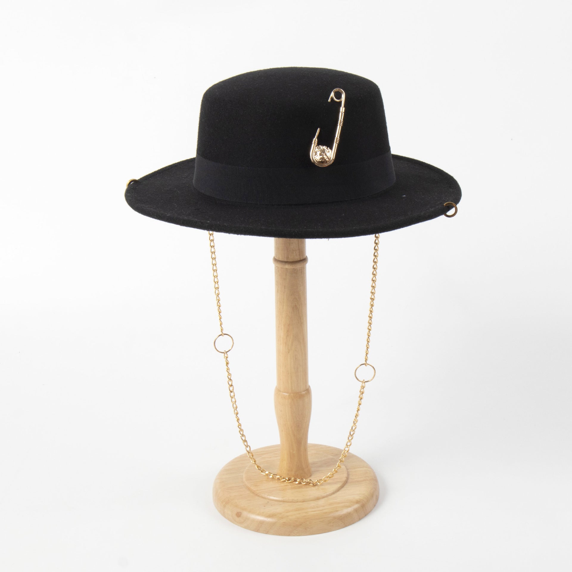 Handmade Woolen Flat Top Women’s Felt Cap with Pin Chain Decoration