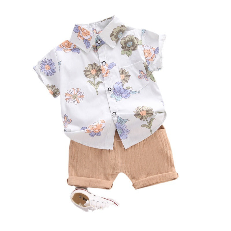 Summer Korean Style Flower Lapel Shirt Two-piece Set