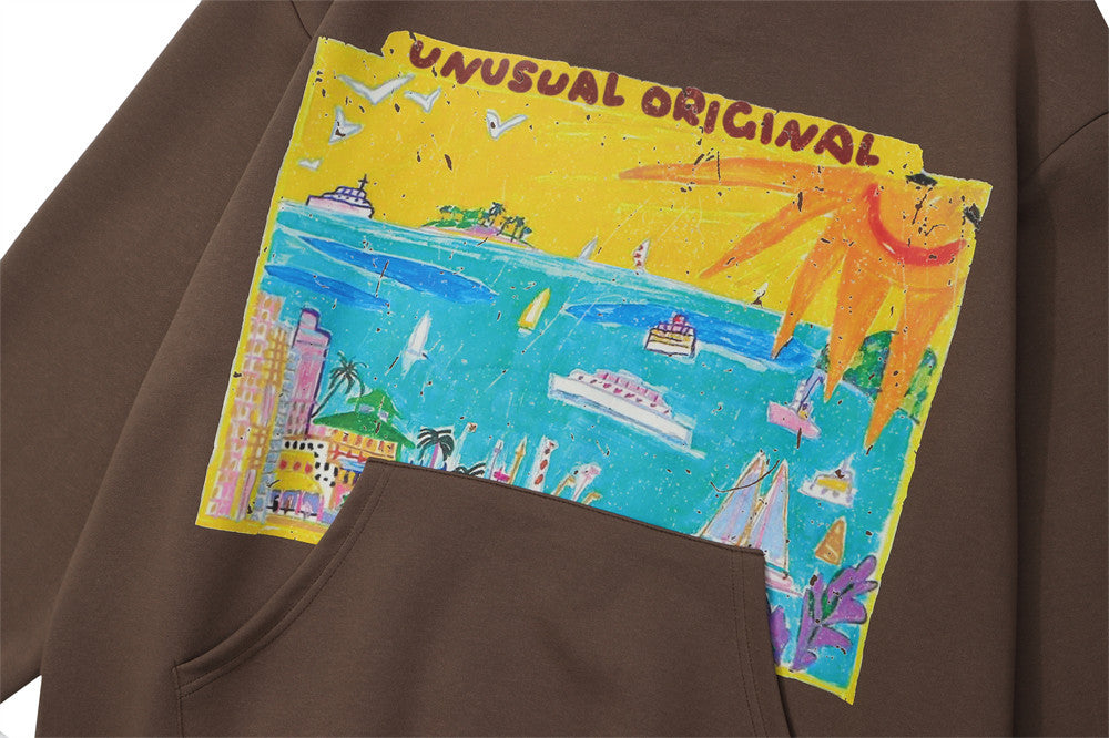 Cartoon Oil Painting Landscape Printed Pullover Sweatshirt Men