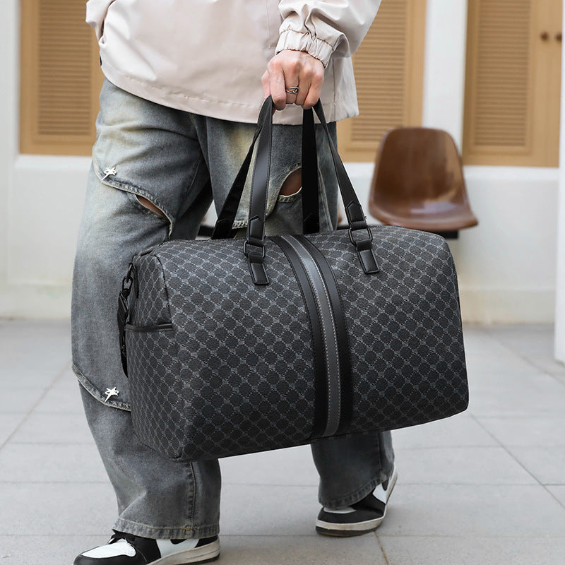 Unisex Crossbody PU Luggage Bag Black Plaid 20-35L Travel