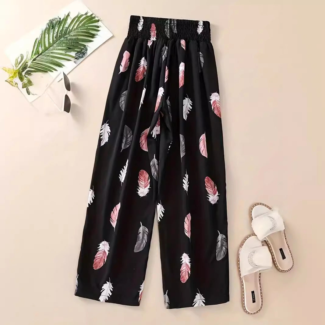 Floral Lace-Up Wide Leg Pants – Women’s Vacation Style Elastic Waist Trousers