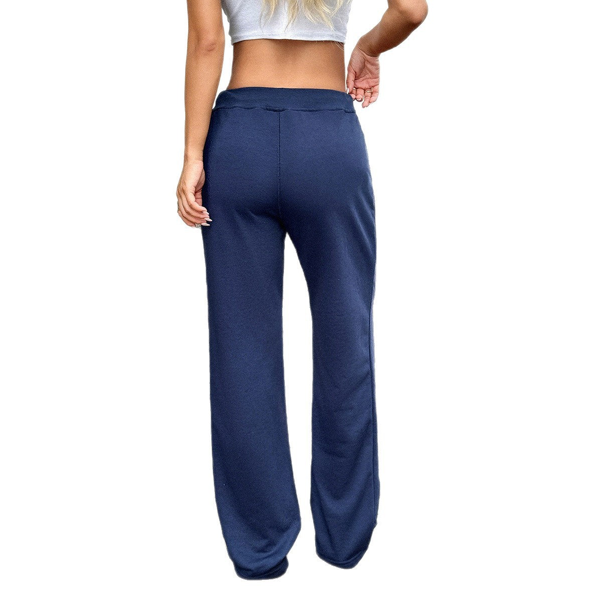 Women’s Dark Blue Mid-Waist Loose Pants – Casual Wide-Leg Trousers