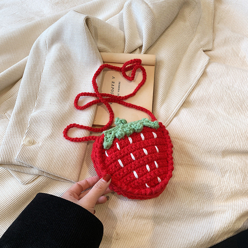 Handmade Knitted Children’s Wool Crossbody Bag – Cute Strawberry Design