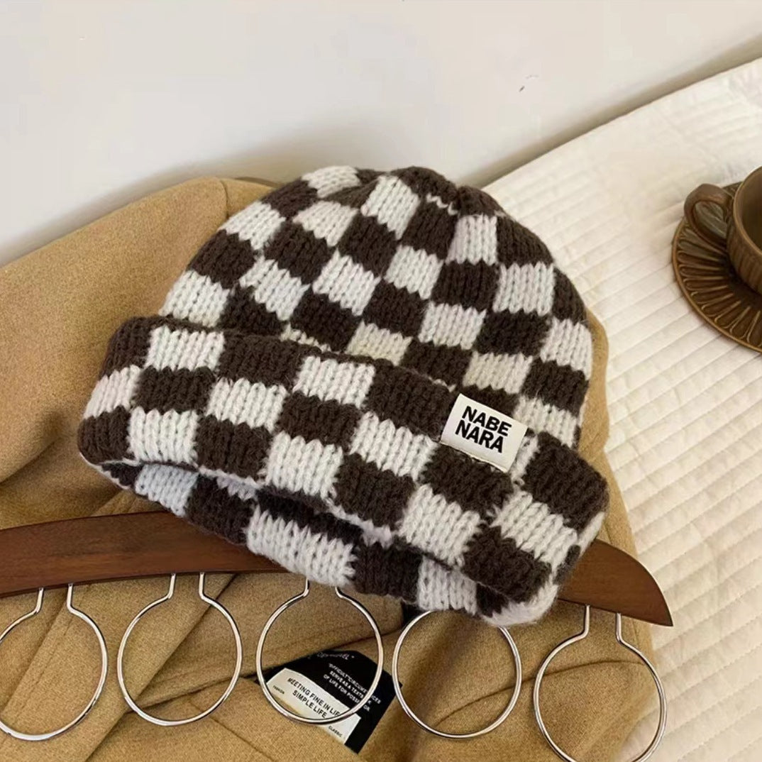 Chessboard Plaid Knitted Hat for Women – Autumn & Winter Korean Style Beanie