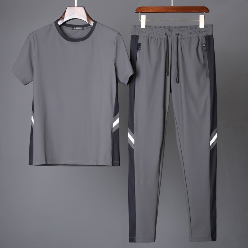 Unisex Ice Silk Two Piece Set Short Sleeve Top Trousers