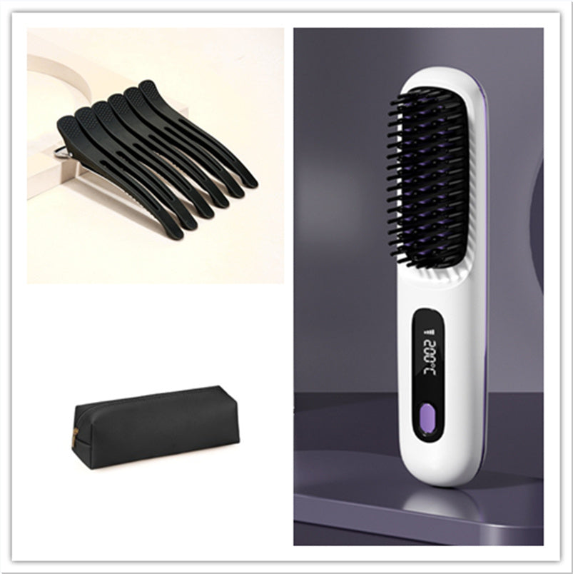 2-in-1 Wireless Hair Straightener Brush and Curler USB Rechargeable Fast Heating Comb
