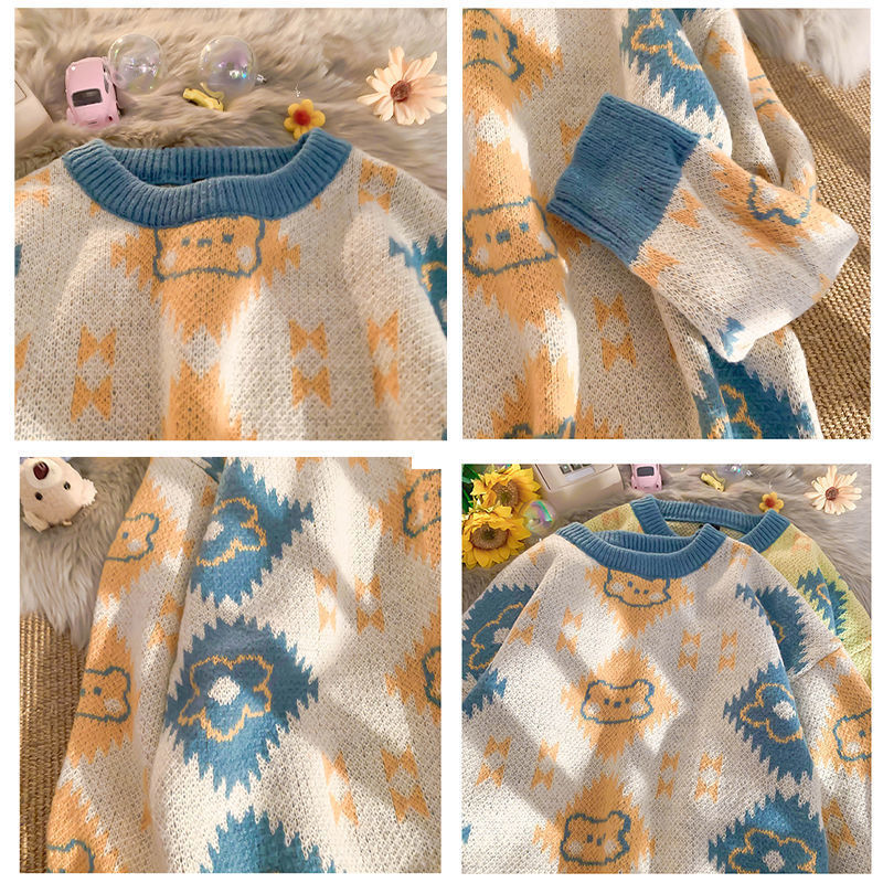 Bear Knitted Crew Neck Pullover Lazy Sweater Women