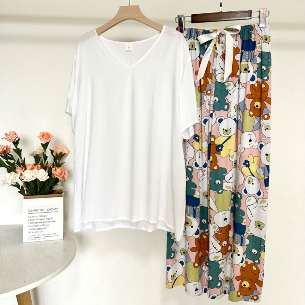 Summer Artificial Cotton Thin Short Sleeve Pants Loungewear Suit
