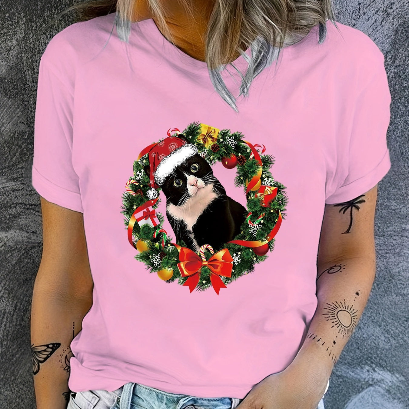 Funny Tuxedo Cat Christmas Wreath Ornament Top