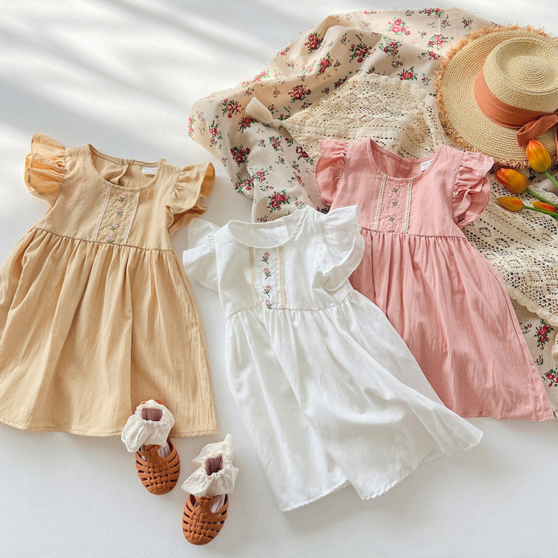 Girls Cotton Lace Embroidered Flower Short Sleeve Dress