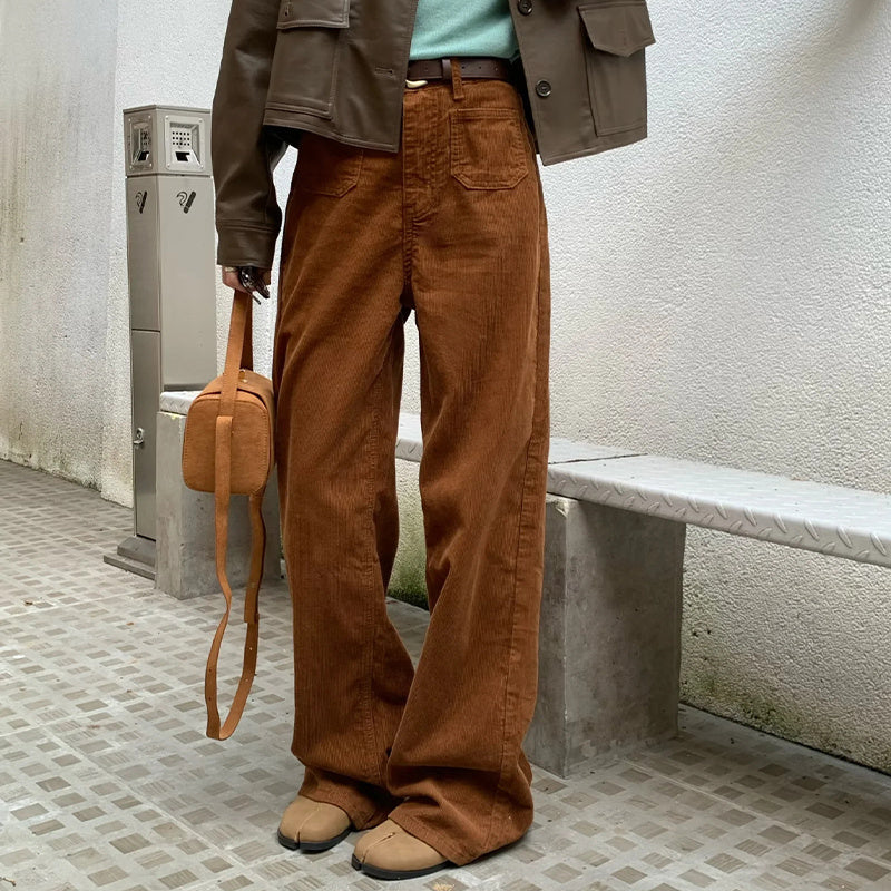 Women’s Corduroy Straight-Leg Pants – Casual Mid-Waist Trousers