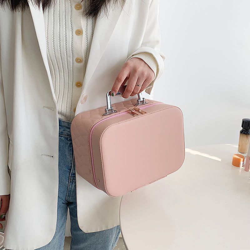 Cosmetic Bag with Mirror – Rhombus Embroidery Double-Layer Storage Caseesign Fashion Rhombus-Embroidery Double-layer Suitcase Large Capacity Make-up Storage Bags For Women