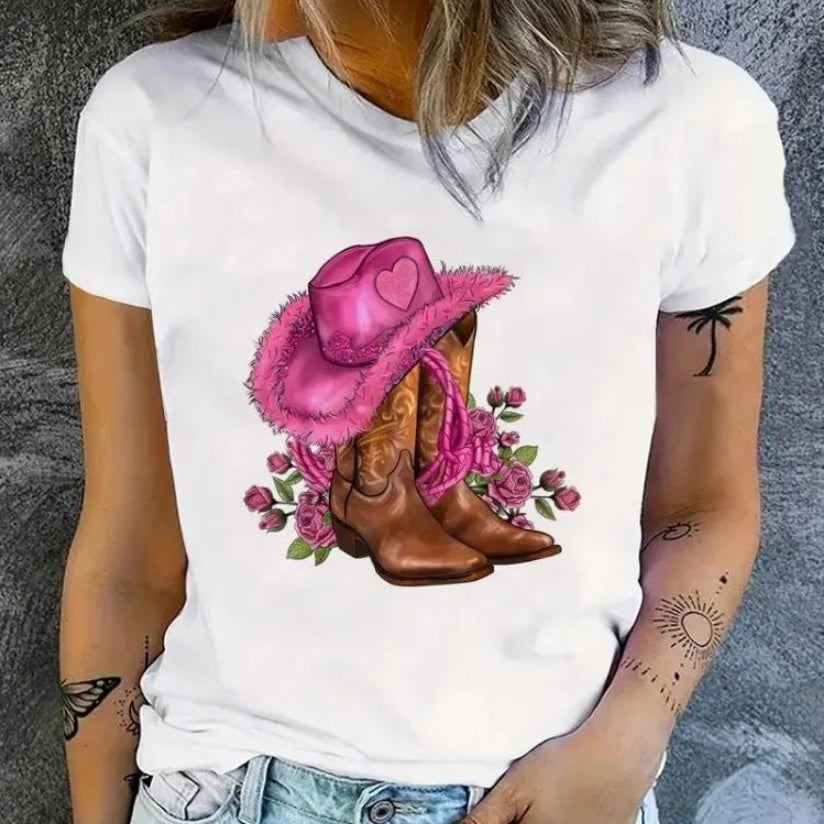 Womens Cotton Cowgirl Floral Print Short Sleeve Tee