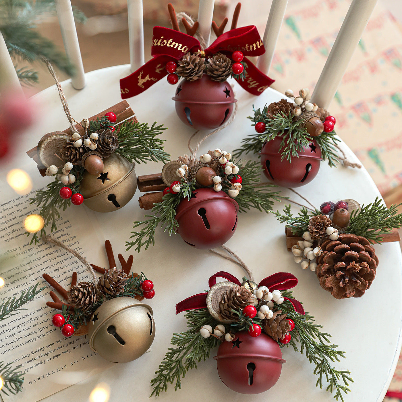 Jingling Bell Antlers Bowknot Pine Cone Mixed Pendant Show Window Hangings
