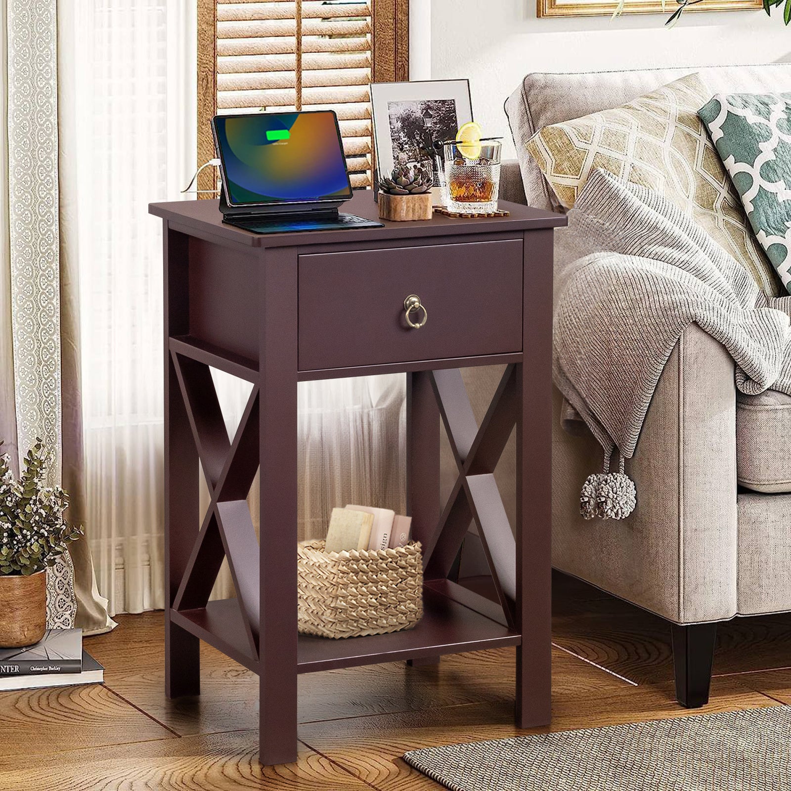 Brown P2 Grade Density Board Spray Paint, Side Cross Type, One Drawer Bedside Cabinet 2pcs