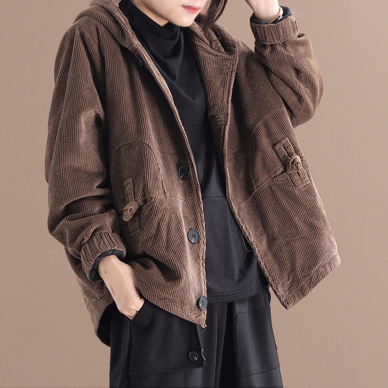 Women's Corduroy Short Jacket Straight Cut Solid Color