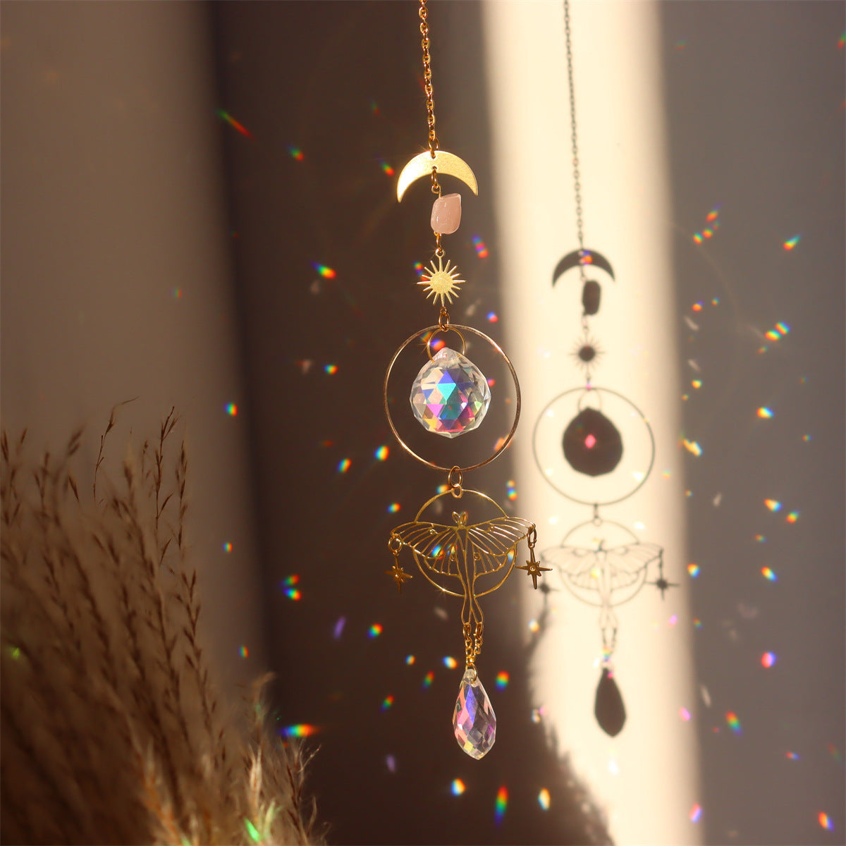 Brass Butterfly Moth Crystal Sun Catcher Pink Crystal Rough Stone Window Room Decoration Hanging Ornament