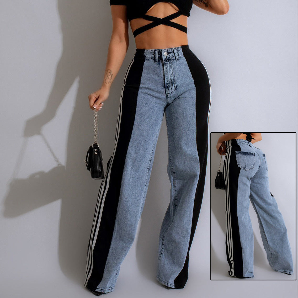 Unisex High Waist Denim Patchwork ThreeStripe WideLeg Jeans