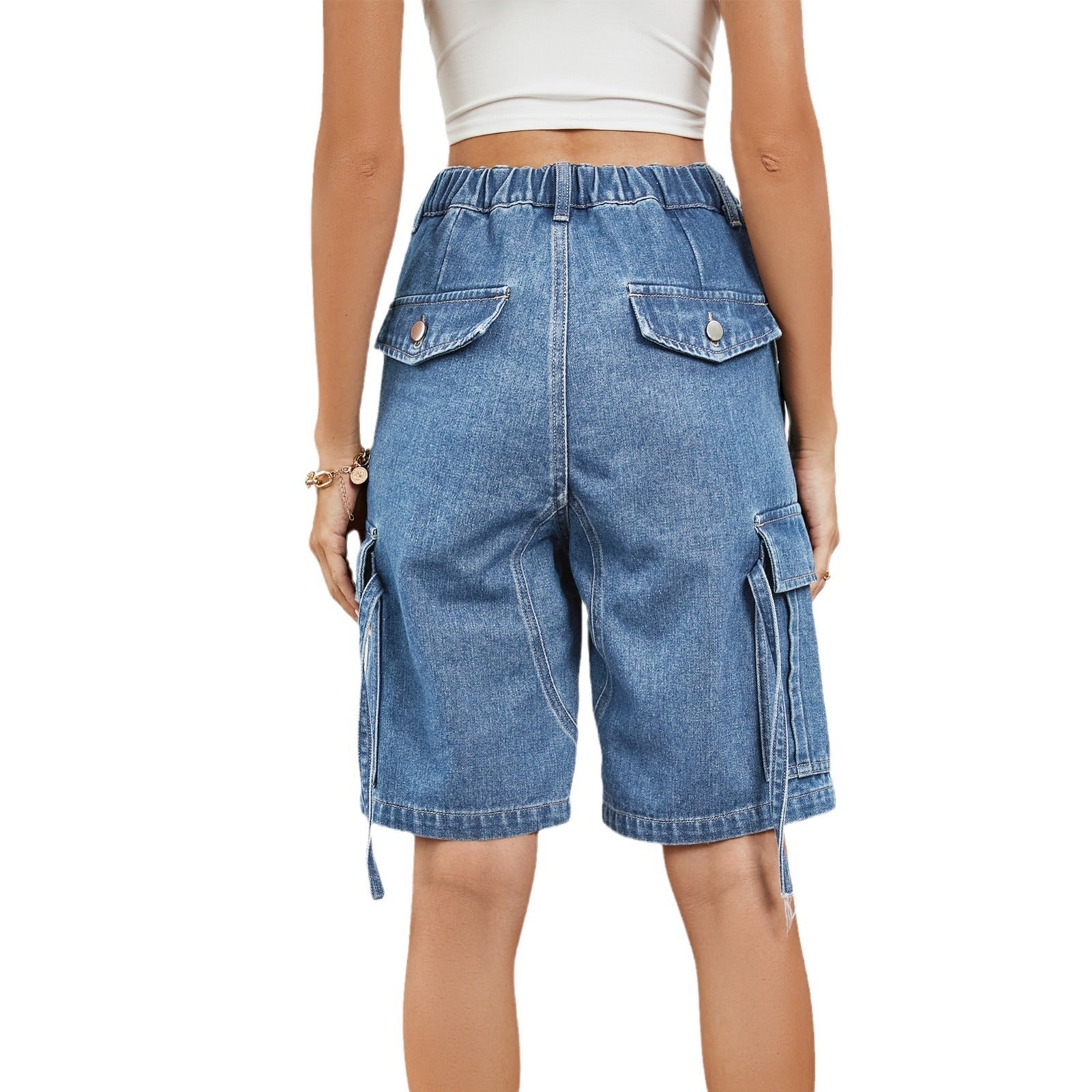 Distressed Denim Cargo Shorts – Mid Waist Straight Leg Street Style Overalls for Women