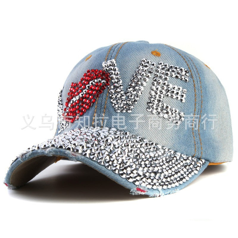 Trendy LOVE Diamond Washed Denim Hat Ladies