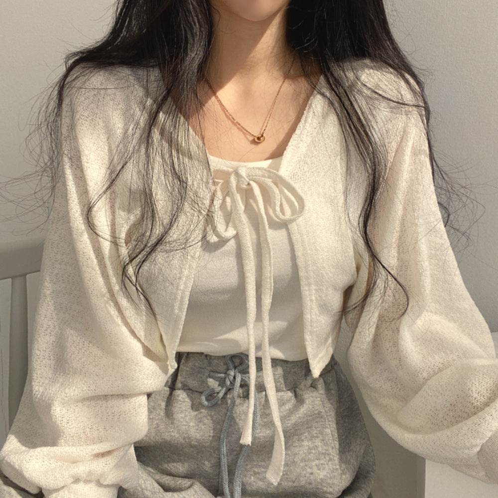 Retro Design Lace-up Lantern Sleeve Short Thin Cardigan Jacket Women