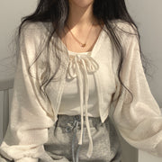 Retro Design Lace-up Lantern Sleeve Short Thin Cardigan Jacket Women