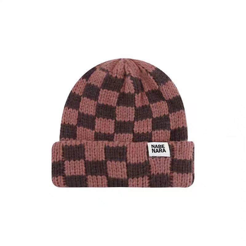 Chessboard Plaid Knitted Hat for Women – Autumn & Winter Korean Style Beanie