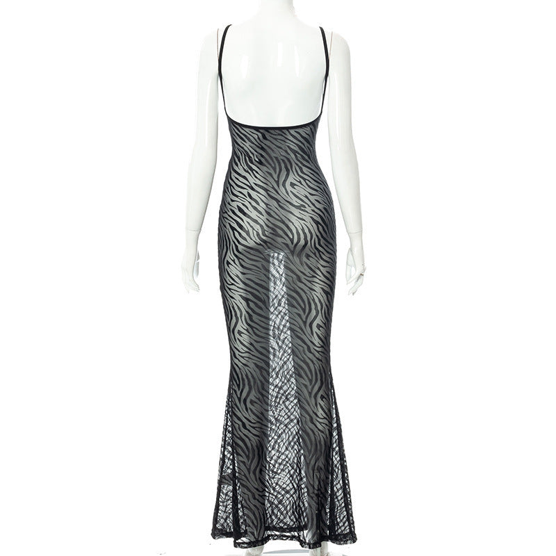 Printed Casual Straps Tulle Backless Sleeveless Sleeve Length Dress