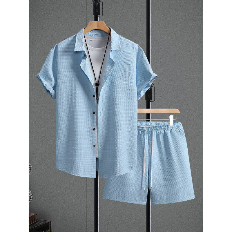 Men's Diamond Patterned Short Sleeved Shirt And Shorts Set
