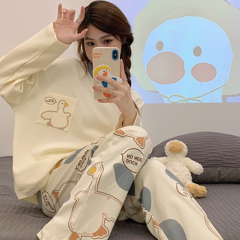 Cartoon Loose And Cute Long-sleeved Pajamas For Women Spring Autumn Set Casual Homewear Outerwear