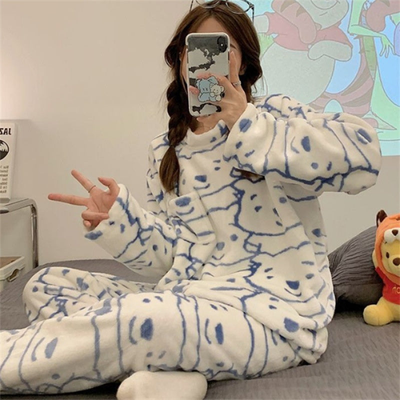 Womens Coral Fleece Winter Pajamas Relaxed Fit Long Sleeve