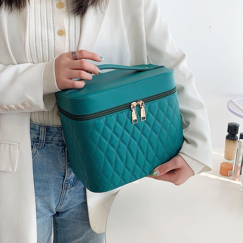Cosmetic Bag with Mirror – Rhombus Embroidery Double-Layer Storage Caseesign Fashion Rhombus-Embroidery Double-layer Suitcase Large Capacity Make-up Storage Bags For Women