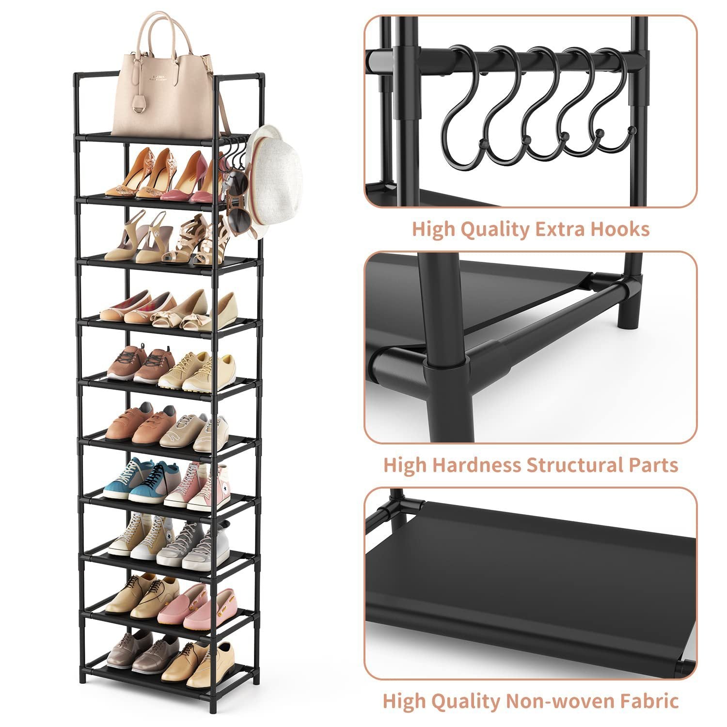 Simple Storage Cabinet Single Row Shoe Rack Black Entrance With Hook