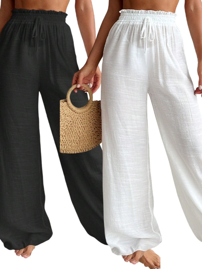 Women’s High Waist Paperbag Pants – Loose Fit Tie Front Trousers, 2-Pack