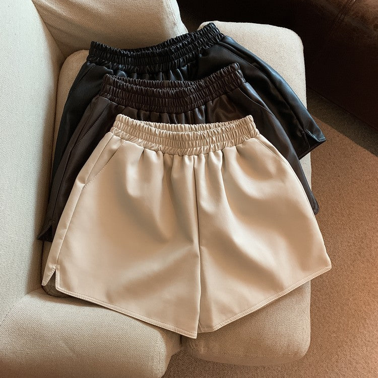 Women’s PU Leather Shorts – High-Waist, Loose Fit with Side Slits, Casual Chic