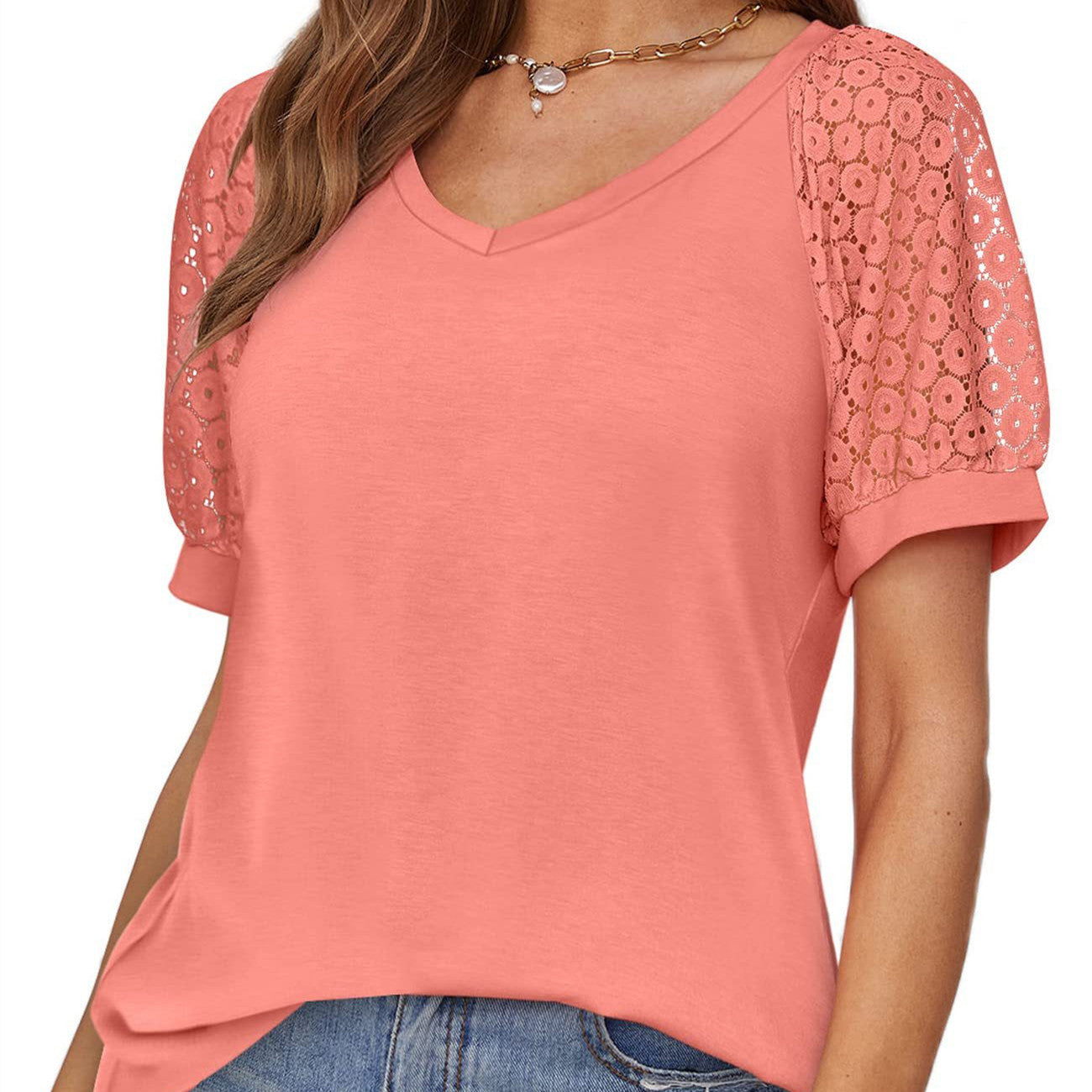 Women's V Neck Lace Stitching Polyester T Shirt Black