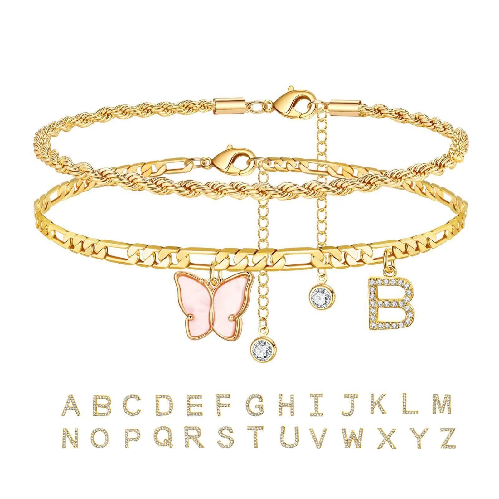 Women’s Double-Layer Stainless Steel Butterfly Letter Stack Anklets
