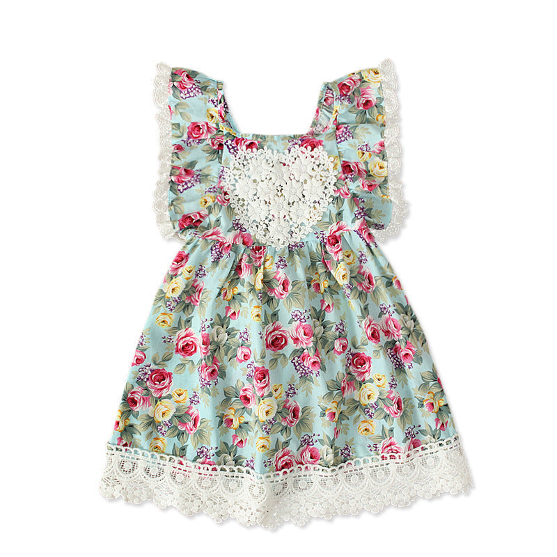 Girls Off Shoulder Lace Dress Cotton Polyester Floral Print