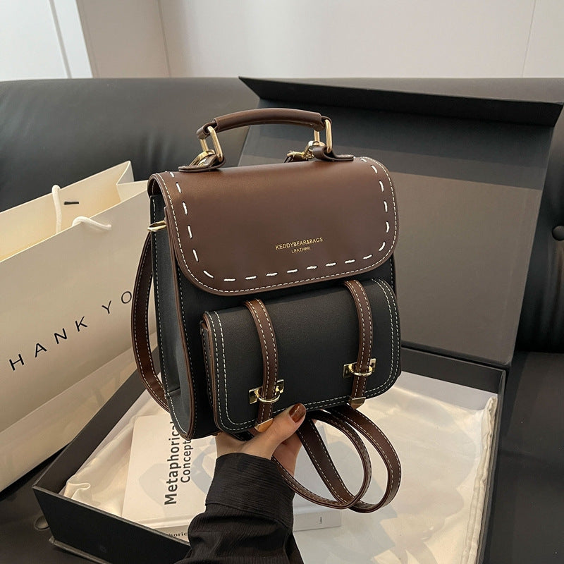 Womens Retro PU Backpack With Contrast Stitching Details