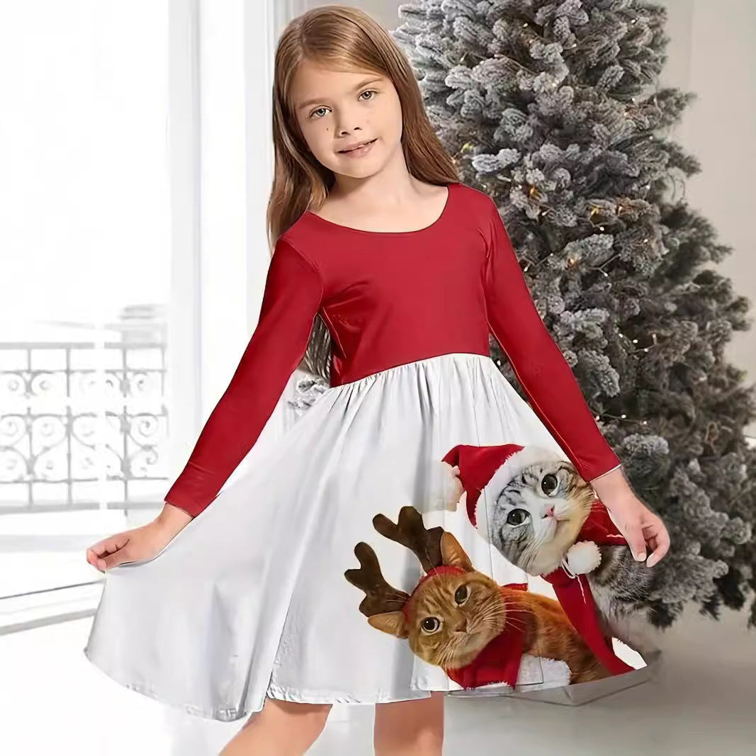 Girl's Long-sleeved Dress Christmas Deer