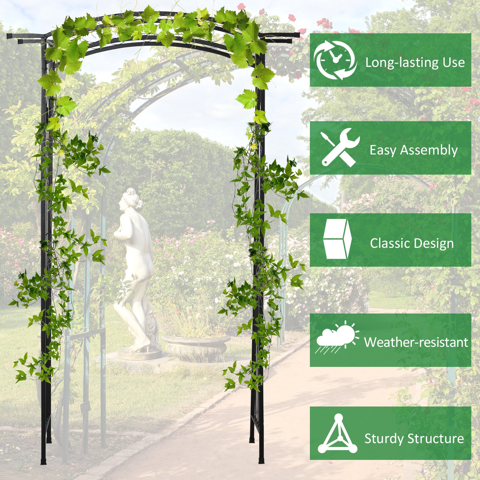 7Ft Metal Garden Arch, Functional Support, All-weather Resistance, Top Extension Bar, For Wedding, Party, Ceremony, Black