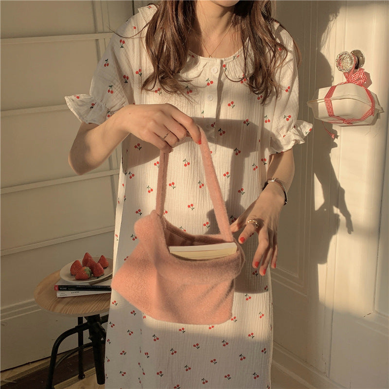 Cute Little Cherry Casual Loungewear Dress Doll Collar Nightdress