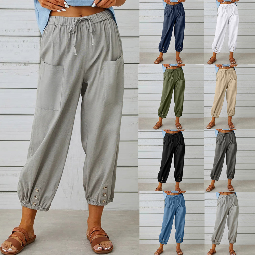 Women's Drawstring Linen Cotton Trousers Loose Fit