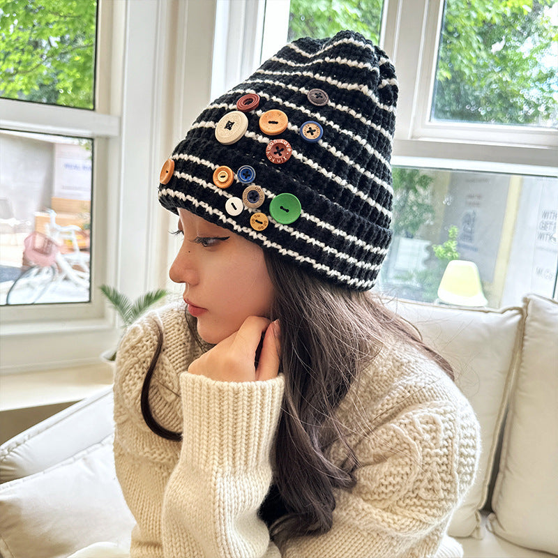 Autumn & Winter Buttons Knitted Hat – Warm Ear Protection, All-Match Cute Pile Heap Cap